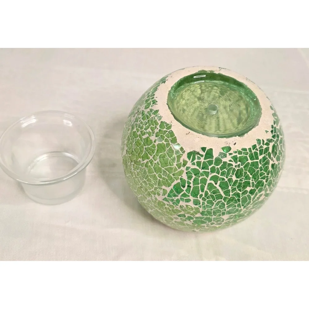Green Mosaic Glass Tea Light Candle Holder Globe Votive with Inner Cup 3.5in